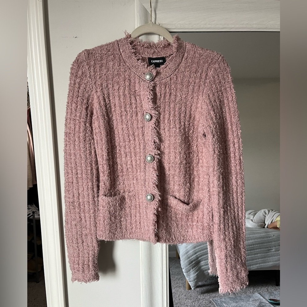 Express Dusty Pink Bouclé Button-Up Cardigan
